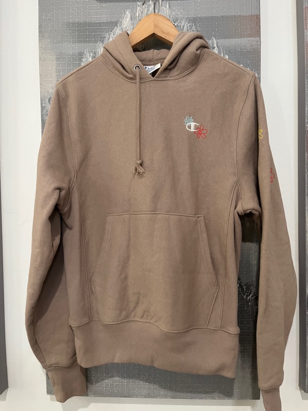 Champion Taupe Hoodie with Small Floral Embroidery
